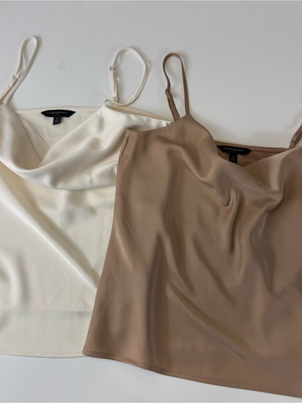 Banana Republic Cream and Tan Satin Cowl Neck Camisoles Set